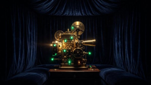 Elegant midnight projection booth with dark velvet walls, brass projector, and emerald indicator lights