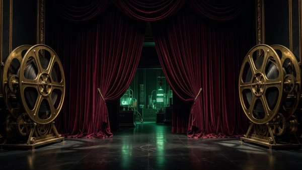 Premium cinematic monster theater entrance with velvet curtains, brass film reels, and emerald laboratory glow