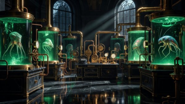 Stylized creature laboratory with glowing emerald specimen tanks and brass instruments on black marble floors